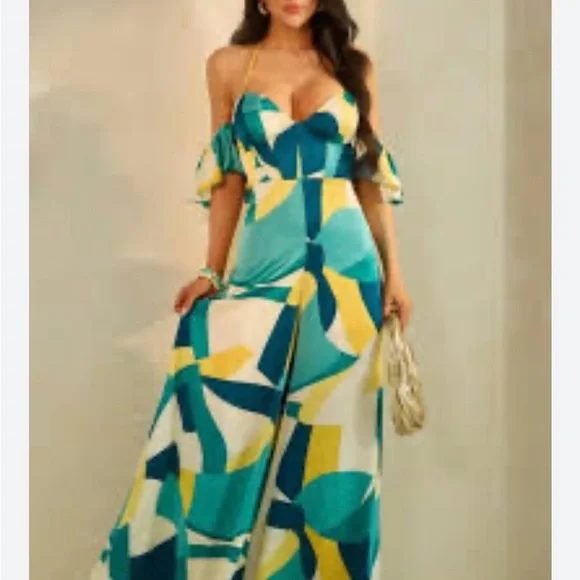 NWOT Multicolor Abstract Print Jumpsuit. Fun & Flirty!! - Picture 2 of 12